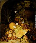 Peaches Canvas Paintings - Still Life With Peaches, Plums, Strawberries And Tropical Fruits In An Architectural Miche